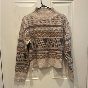 Marled Geometric Knit Sweater - Cream, Brown, and Gold
